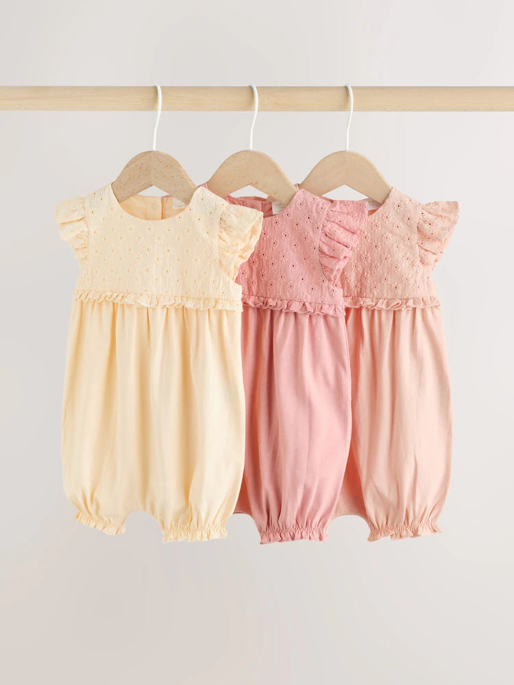 Tonal Pink Broderie 3 Pack Baby Rompers