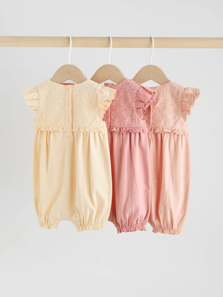 Tonal Pink Broderie 3 Pack Baby Rompers