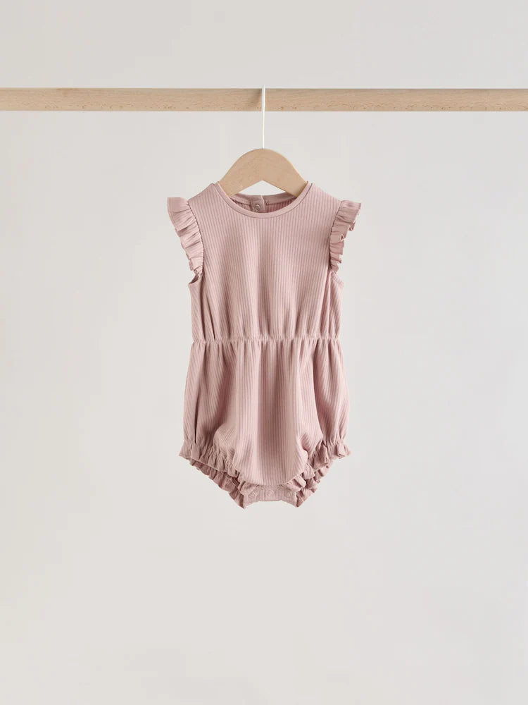 Pink Tonal Spot and Stripe Frill Shoulder Baby Rompers 4 Pack