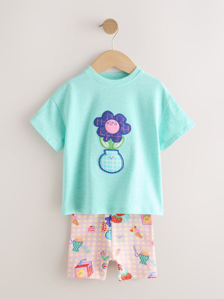 Blue Flower Short Sleeve T-Shirt and Cycle Shorts Set (3mths-7yrs)
