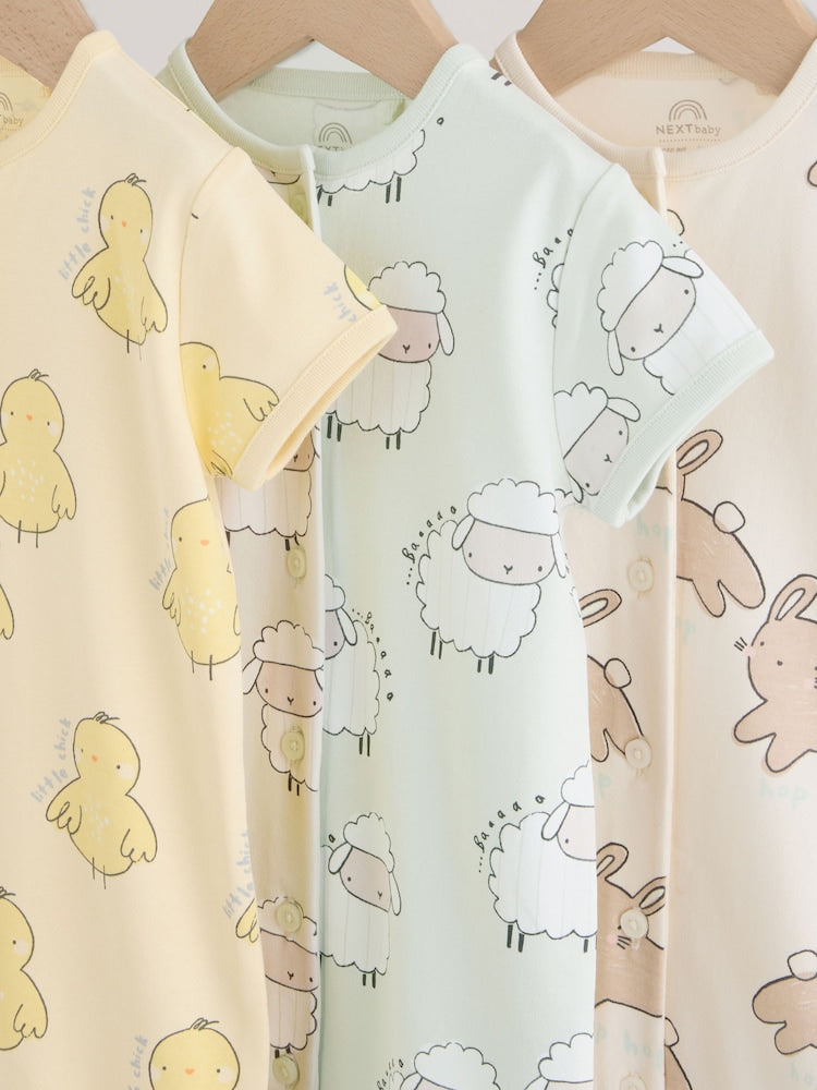 Yellow Spring/Character Button Through Baby Jersey Rompers 3 Pack