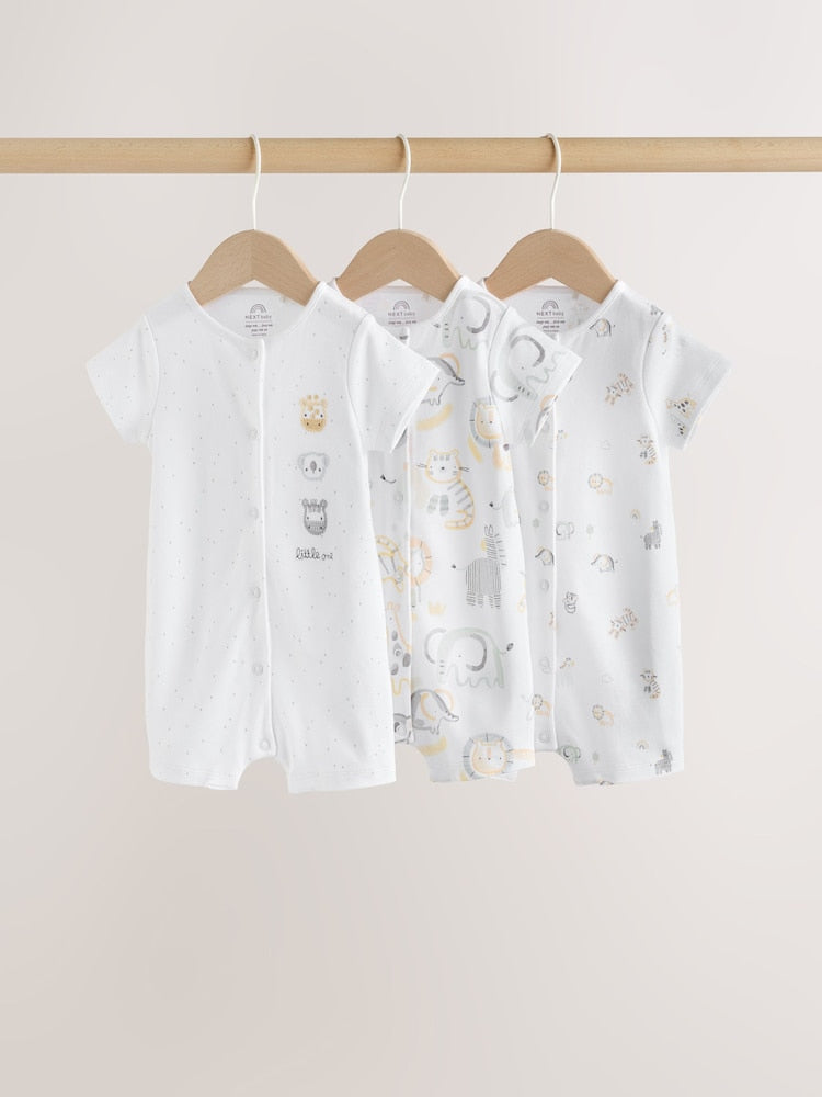 White Safari Animal Embroidered Jersey Baby Rompers 3 Pack - Size 50cm (First Size)