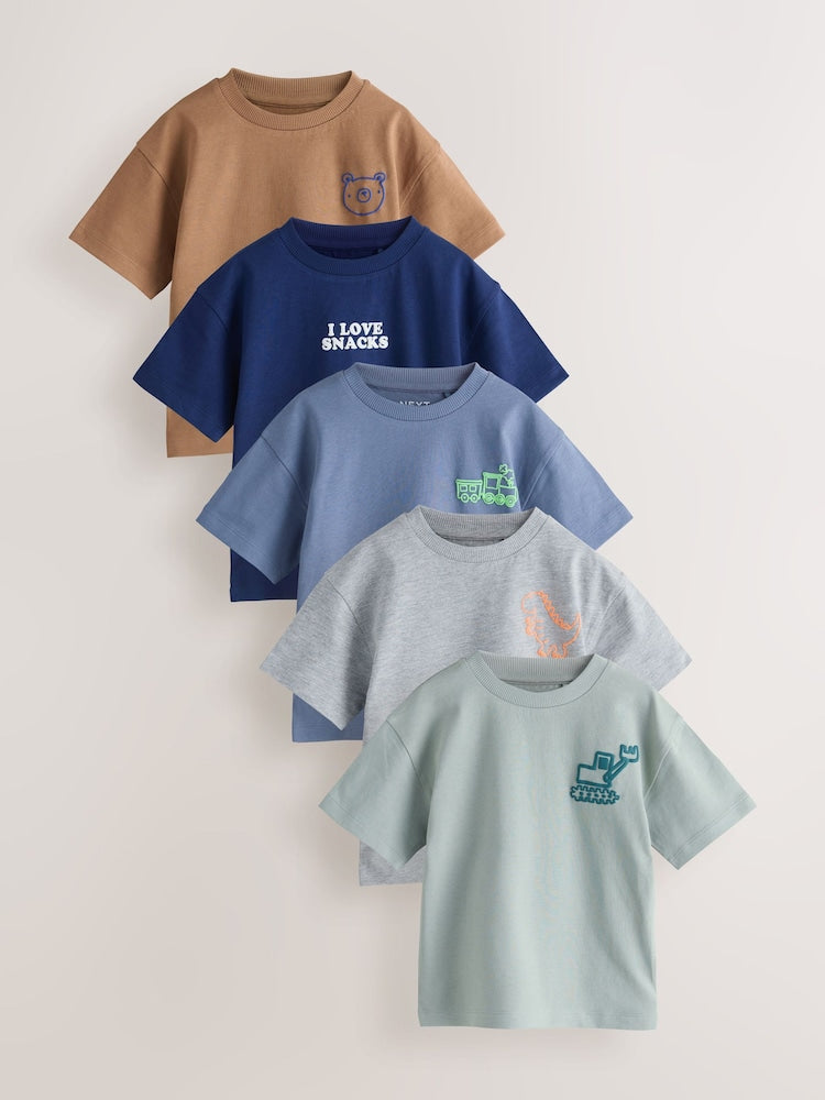 Blue/Charcoal/Green/Brown/Grey Small Short Sleeve Graphic T-Shirts 5 Pack (3mths-7yrs) - Blue/Charcoal/Green/Brown/Grey / 12-18 Months (80-86cm)