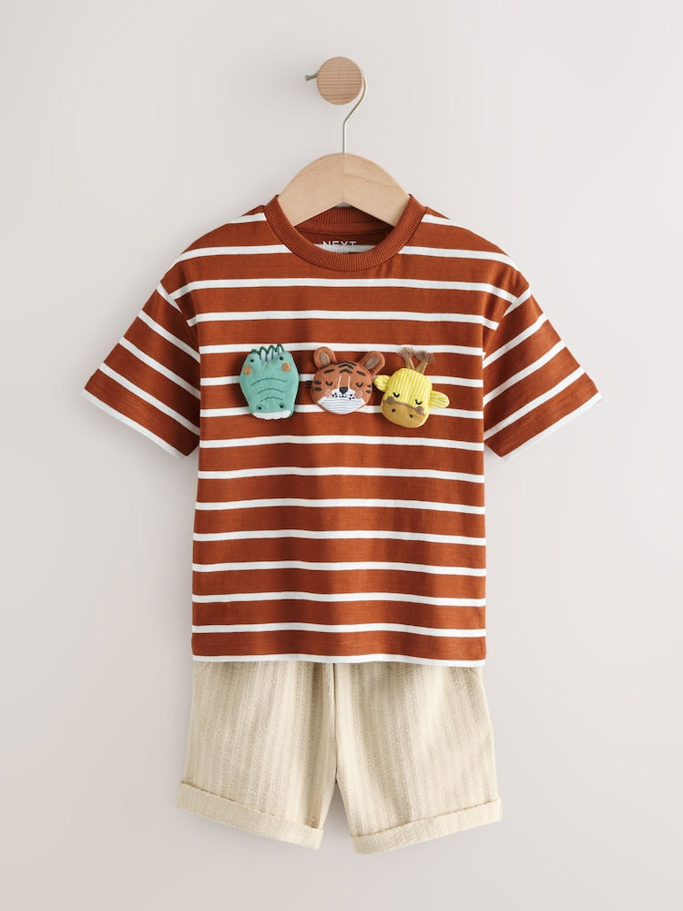 Rust Brown Stripe Padded Animals Short Sleeve T-Shirt and Shorts Set (3mths-7yrs)