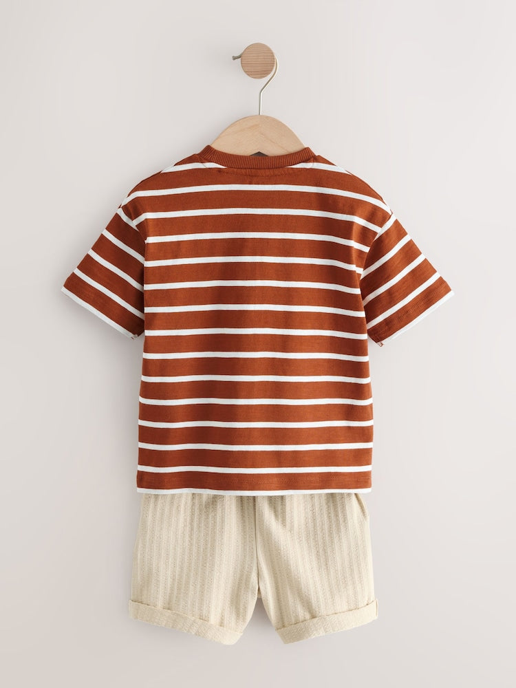 Rust Brown Stripe Padded Animals Short Sleeve T-Shirt and Shorts Set (3mths-7yrs)