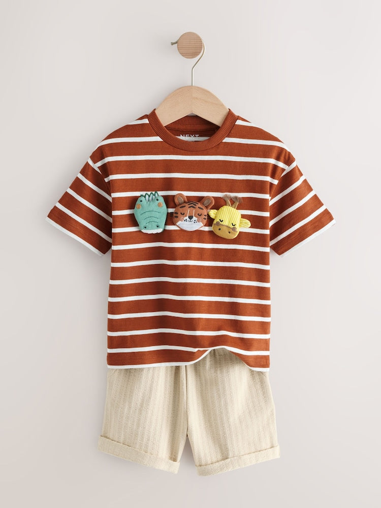 Rust Brown Stripe Padded Animals Short Sleeve T-Shirt and Shorts Set (3mths-7yrs)