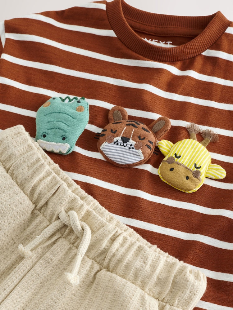 Rust Brown Stripe Padded Animals Short Sleeve T-Shirt and Shorts Set (3mths-7yrs)