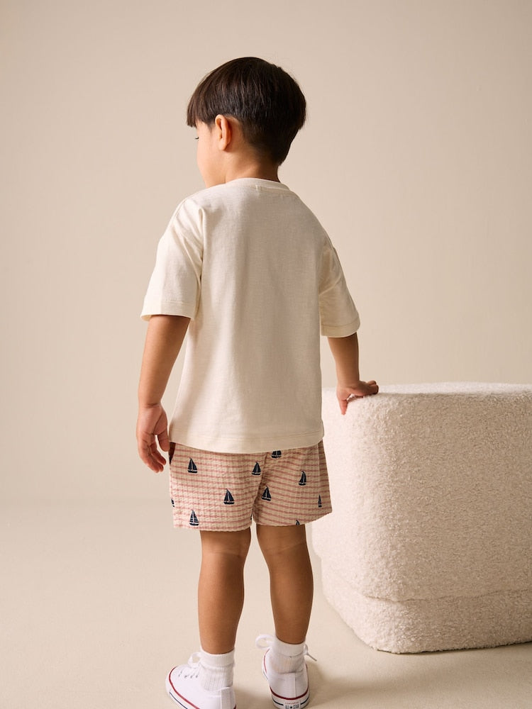 White Boat Embroidery Short Sleeve T-Shirt and Shorts Set (3mths-7yrs)