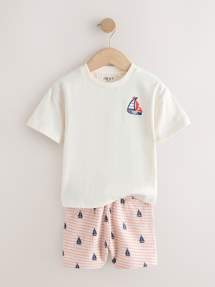 White Boat Embroidery Short Sleeve T-Shirt and Shorts Set (3mths-7yrs)