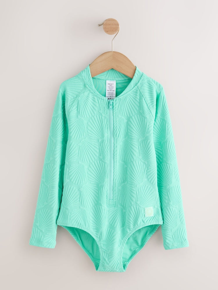 Mint Green Shell Textured Long Sleeve Sunsafe Swimsuit (3-16yrs)