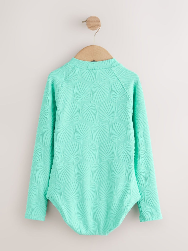 Mint Green Shell Textured Long Sleeve Sunsafe Swimsuit (3-16yrs)