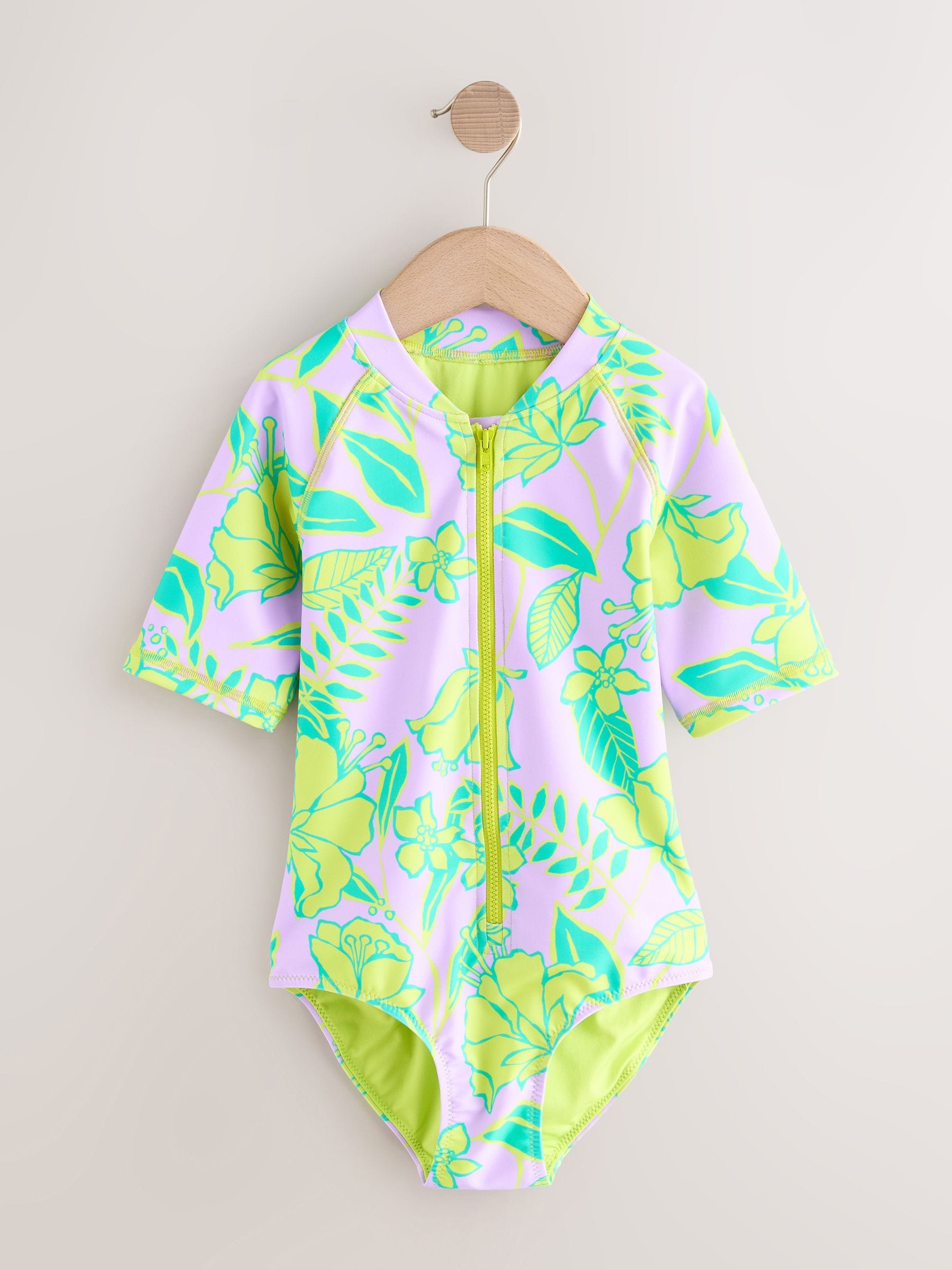 Lilac Purple Tropical Short Sleeved Sunsafe Swimsuit (3mths-16yrs) - Size 3 Years (98cm)
