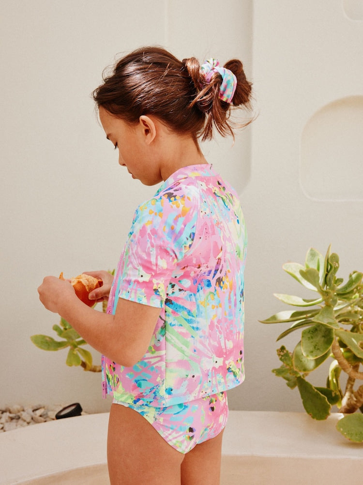 Pink Tie Dye Splat Sunsafe Rash Vest Bikini And Scrunchie Swim Set (3-16yrs)