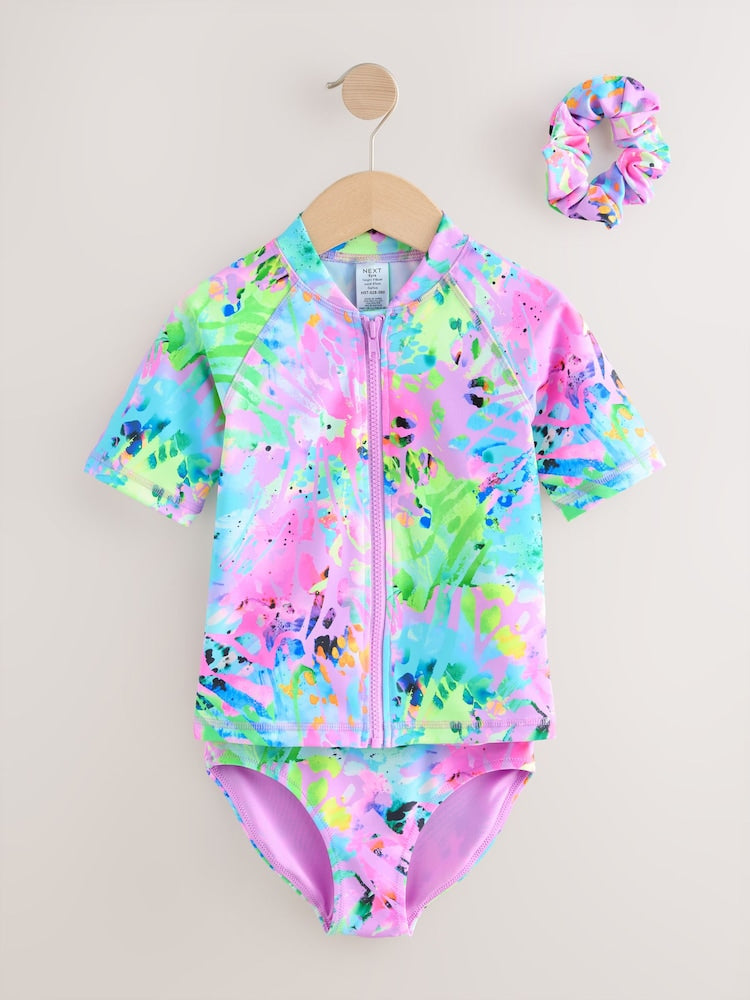 Pink Tie Dye Splat Sunsafe Rash Vest Bikini And Scrunchie Swim Set (3-16yrs)