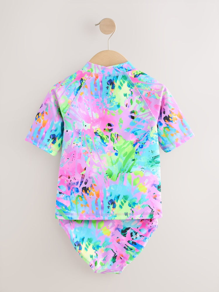 Pink Tie Dye Splat Sunsafe Rash Vest Bikini And Scrunchie Swim Set (3-16yrs)