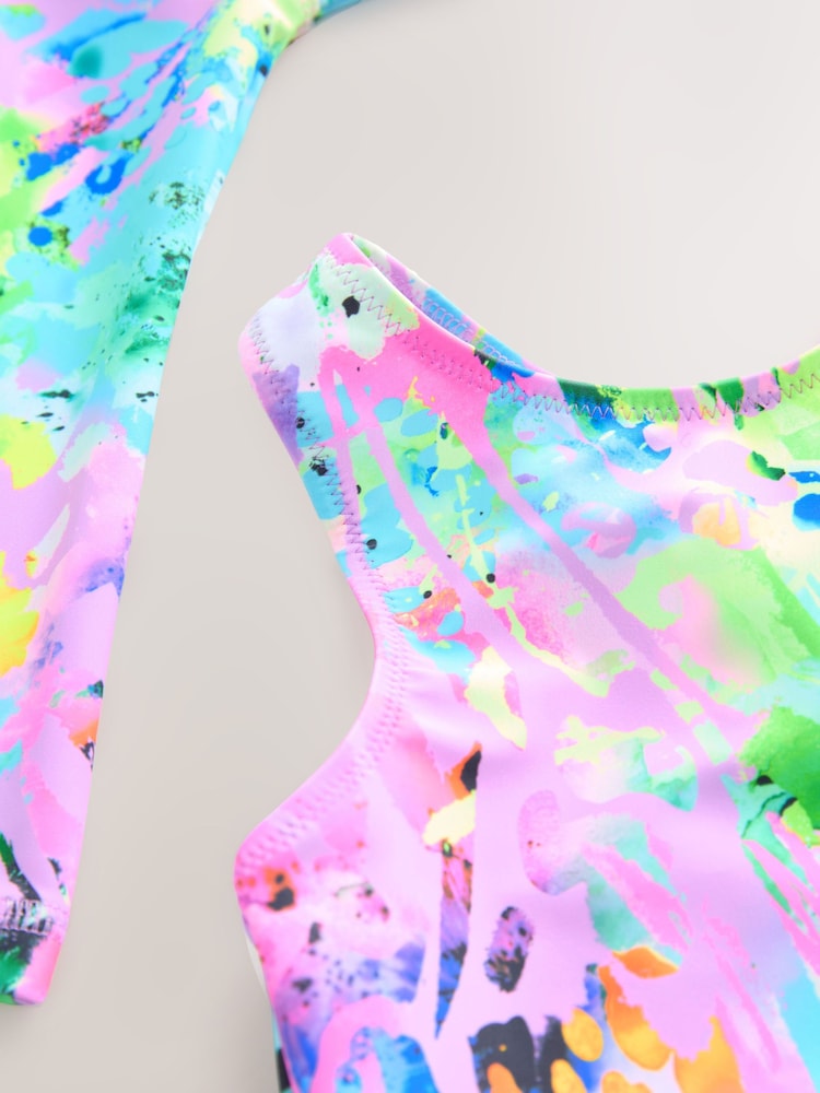 Pink Tie Dye Splat Sunsafe Rash Vest Bikini And Scrunchie Swim Set (3-16yrs)
