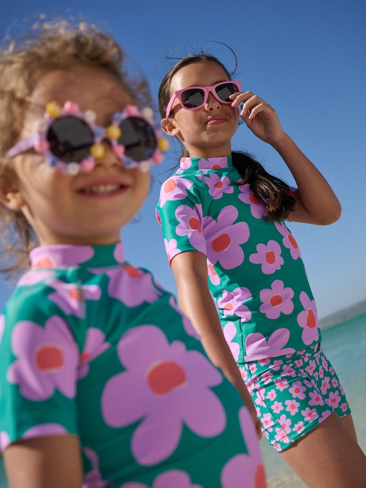 Green Stampy Floal Short Sleeved Sunsafe Swim Set (3mths-10yrs)