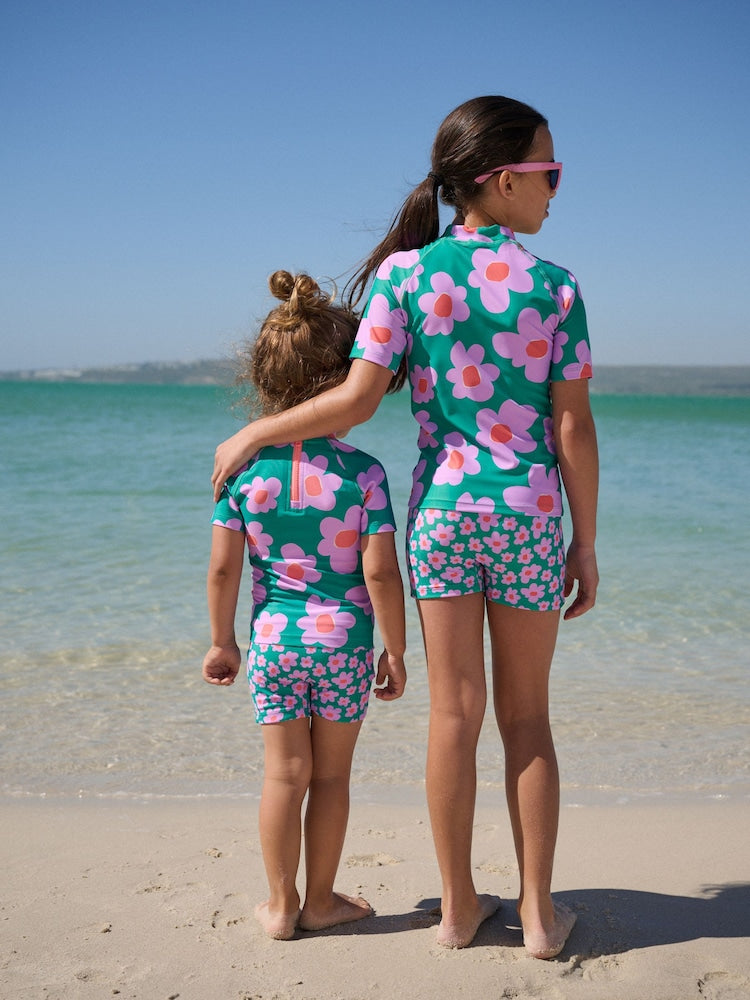 Green Stampy Floal Short Sleeved Sunsafe Swim Set (3mths-10yrs)