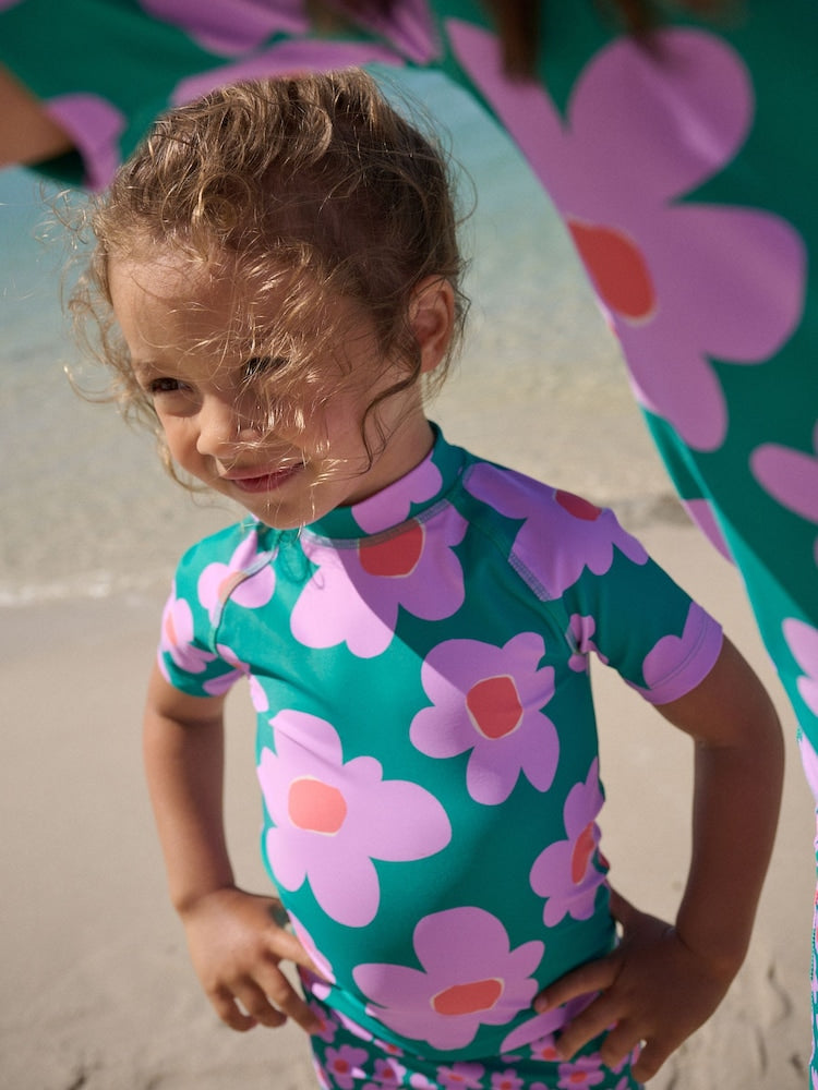 Green Stampy Floal Short Sleeved Sunsafe Swim Set (3mths-10yrs)