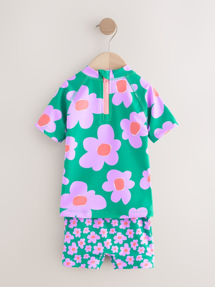 Green Stampy Floal Short Sleeved Sunsafe Swim Set (3mths-10yrs)