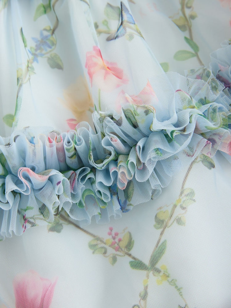 Baker by Ted Baker Floral Ruffle Mesh Mockable Blue Dress