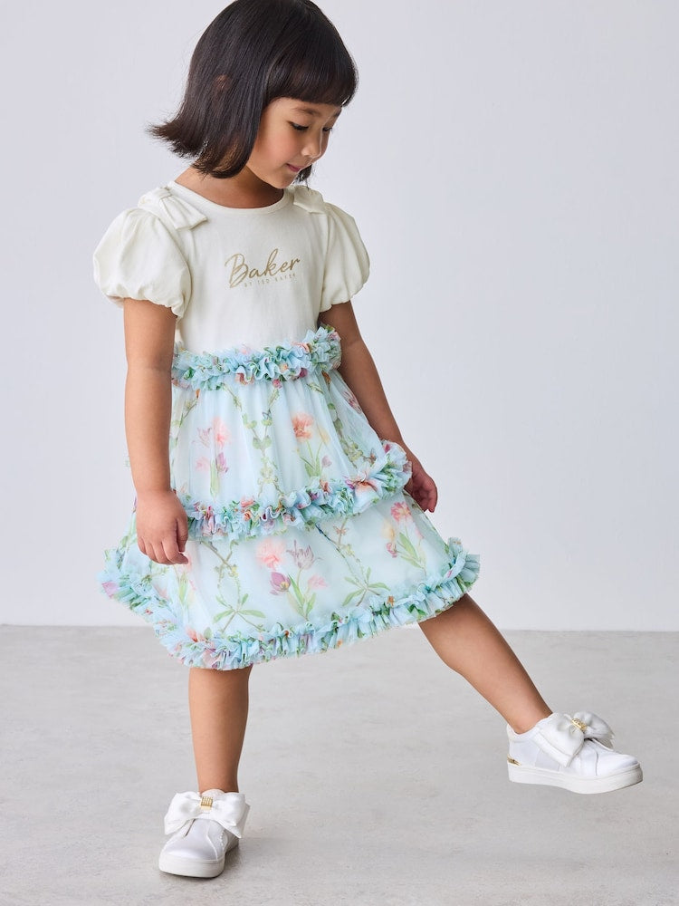 Baker by Ted Baker Floral Ruffle Mesh Mockable Blue Dress