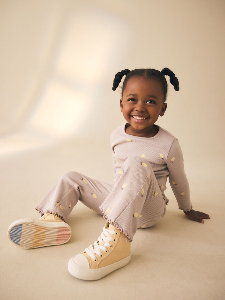 Neutral Lemon Print Rib Flare Leggings (3mths-7yrs)