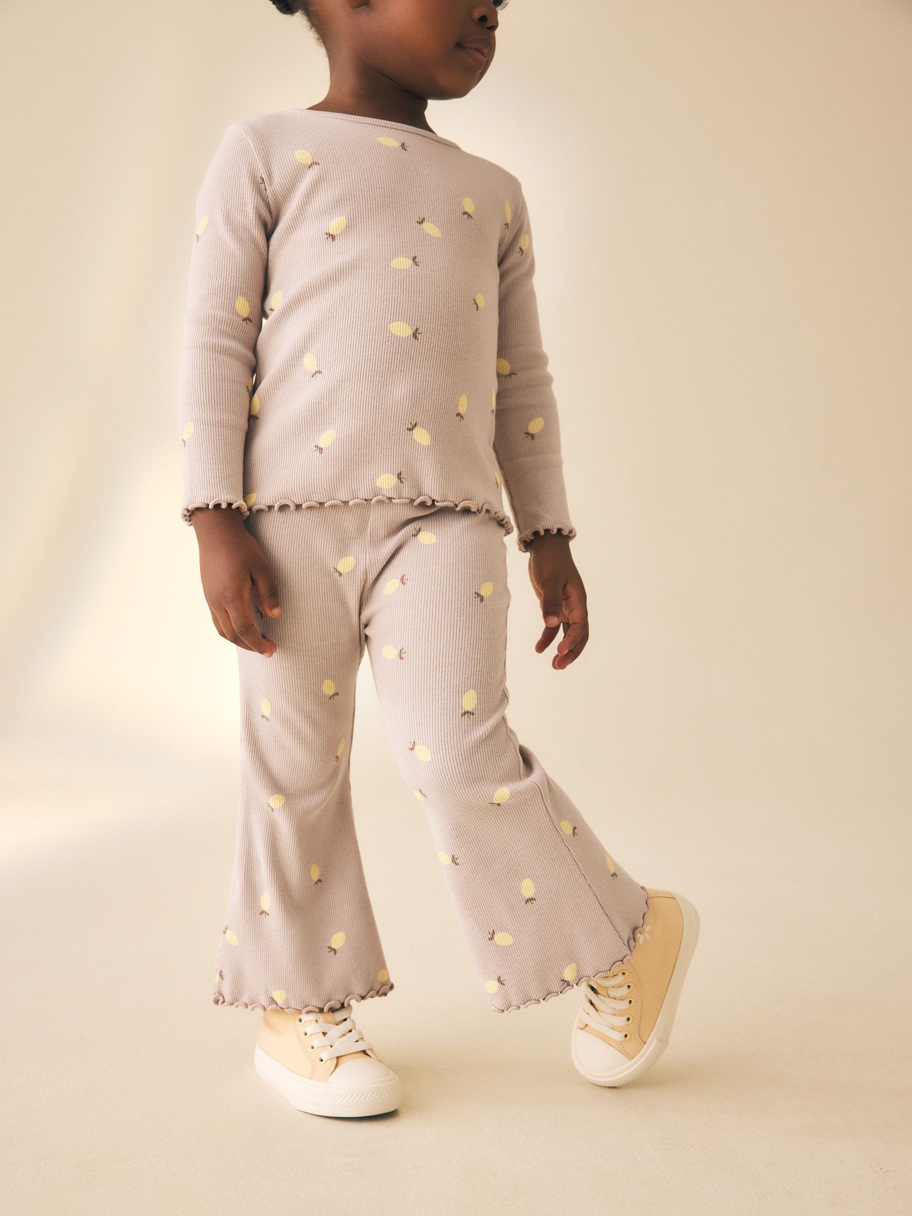 Neutral Lemon Print Rib Flare Leggings (3mths-7yrs)