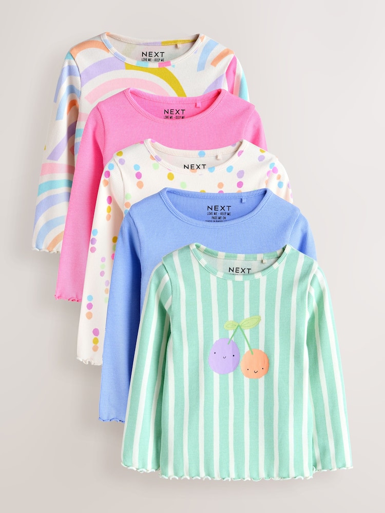 Pastel Rainbow Long Sleeve Ribbed Tops 5 Pack (3mths-7yrs)