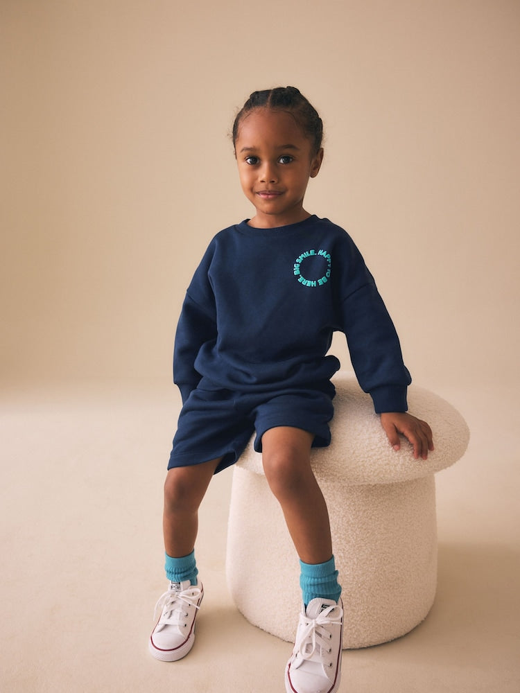 Navy Big Smile Crew Neck Sweatshirt and Shorts Set (3mths-7yrs)