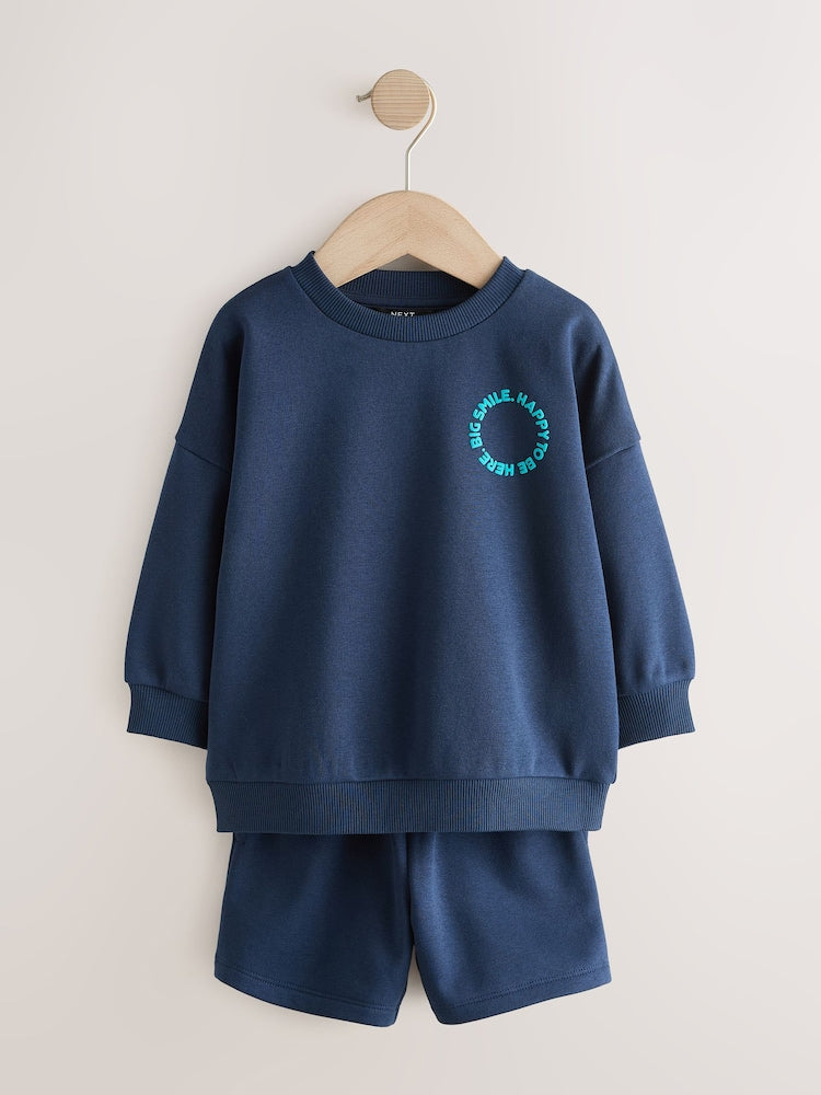 Navy Big Smile Crew Neck Sweatshirt and Shorts Set (3mths-7yrs)