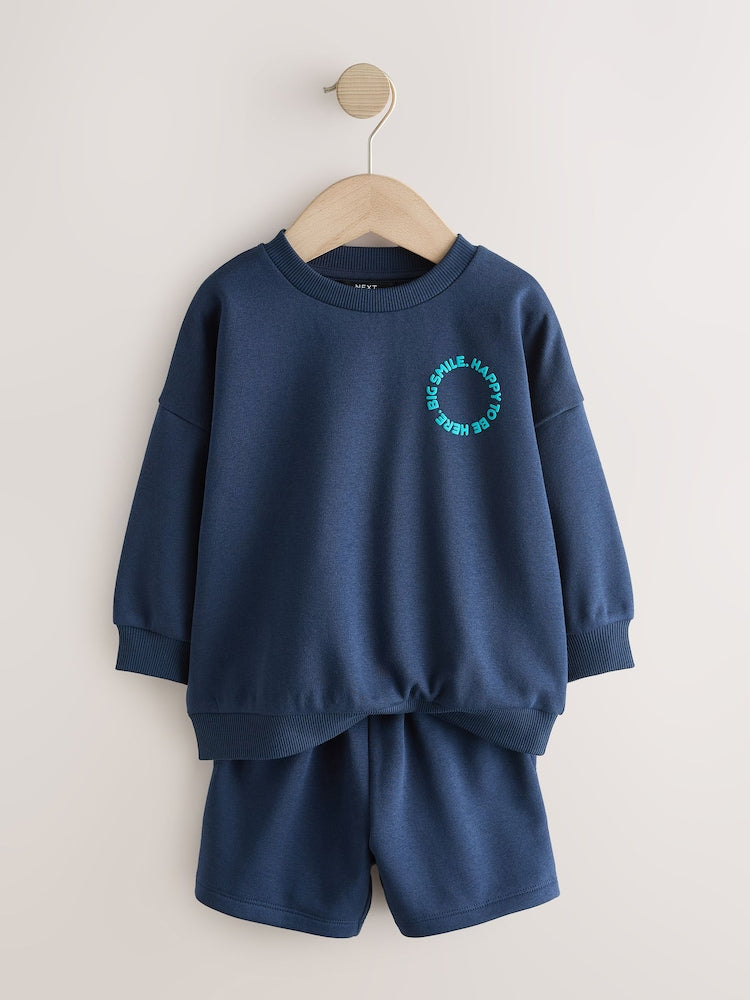 Navy Big Smile Crew Neck Sweatshirt and Shorts Set (3mths-7yrs)