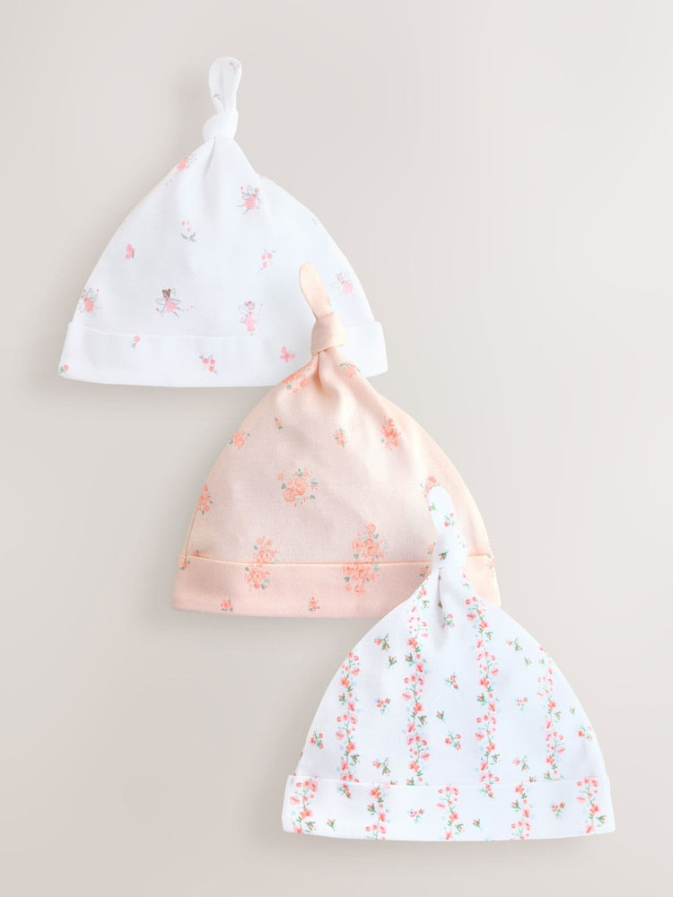 Pink/White Tie Top Baby Beanies 3 Pack (0-12mths) - Size 44cm (5lb) - Pink/White Tie