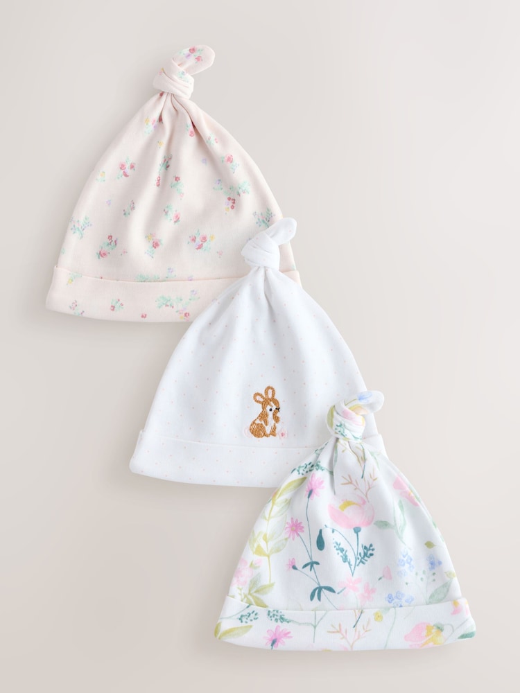 Pink Tie Top Baby Beanie 3 Pack (0-12mths) - Pink Tie / Up to 1 Month (50-56cm)