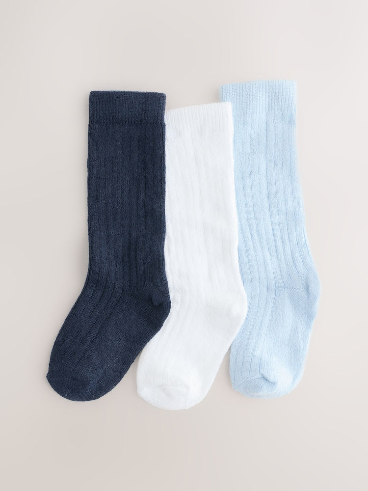 Blue/White Knee High Baby Socks 3 Pack - Size 50cm (First Size)