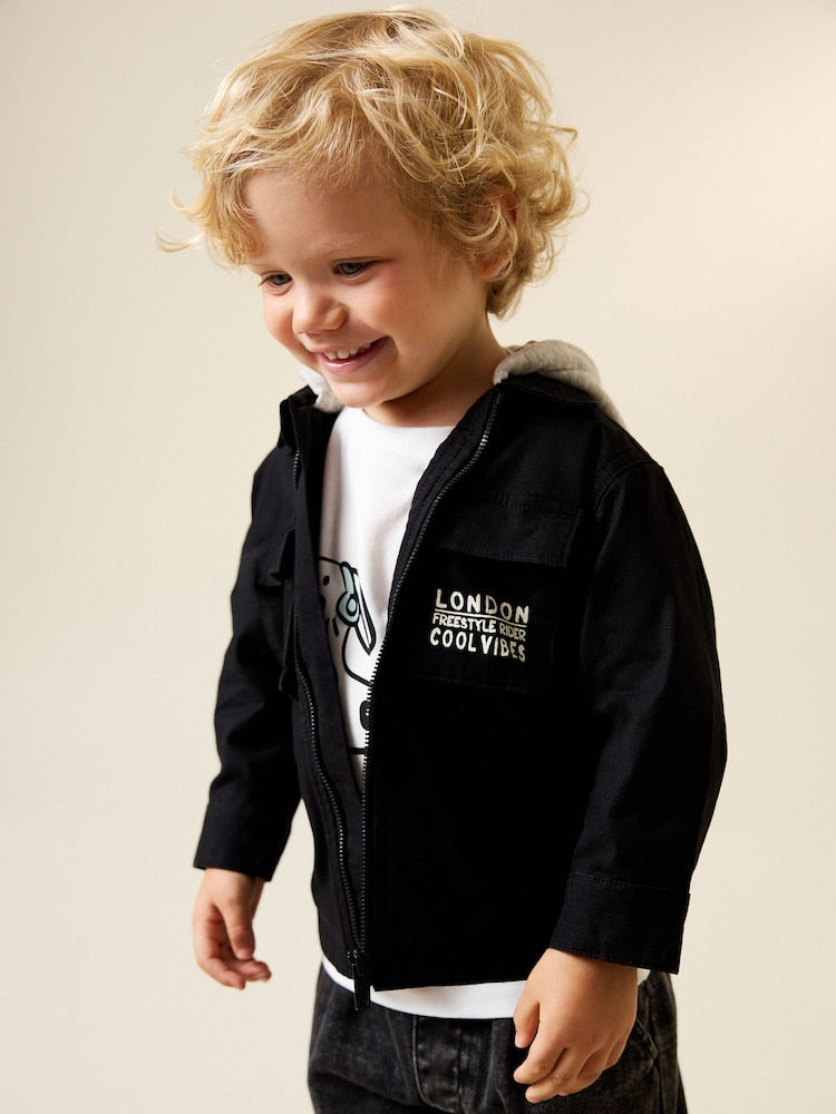 Black Ripstop Twill Hooded Overshirt and T-Shirt Set (3mths-7yrs)