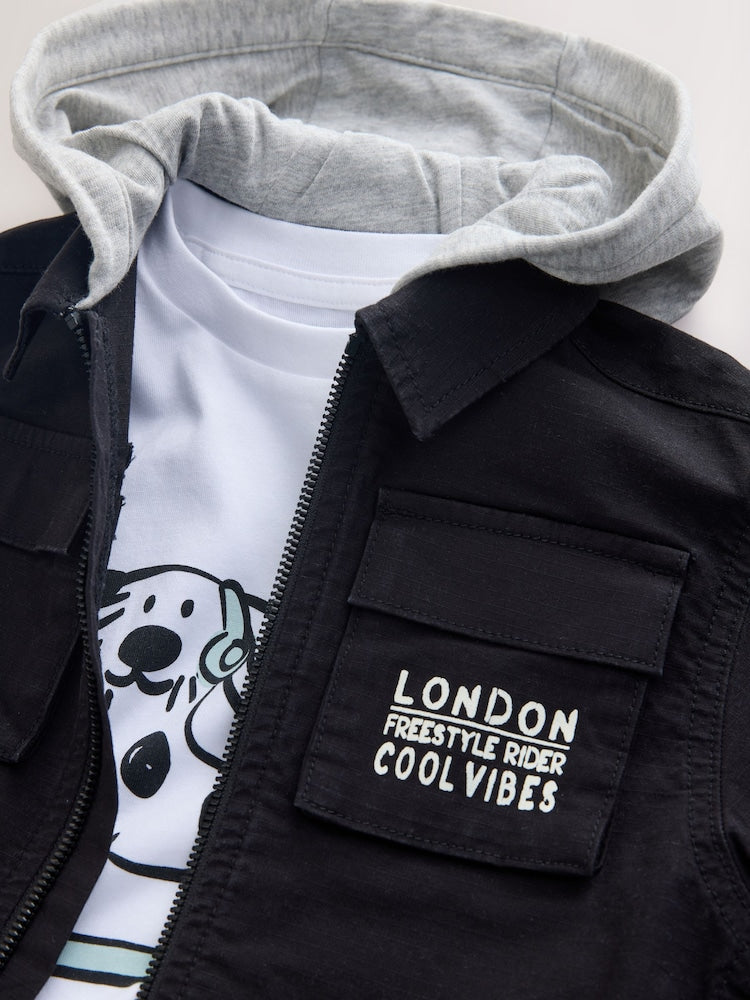Black Ripstop Twill Hooded Overshirt and T-Shirt Set (3mths-7yrs)