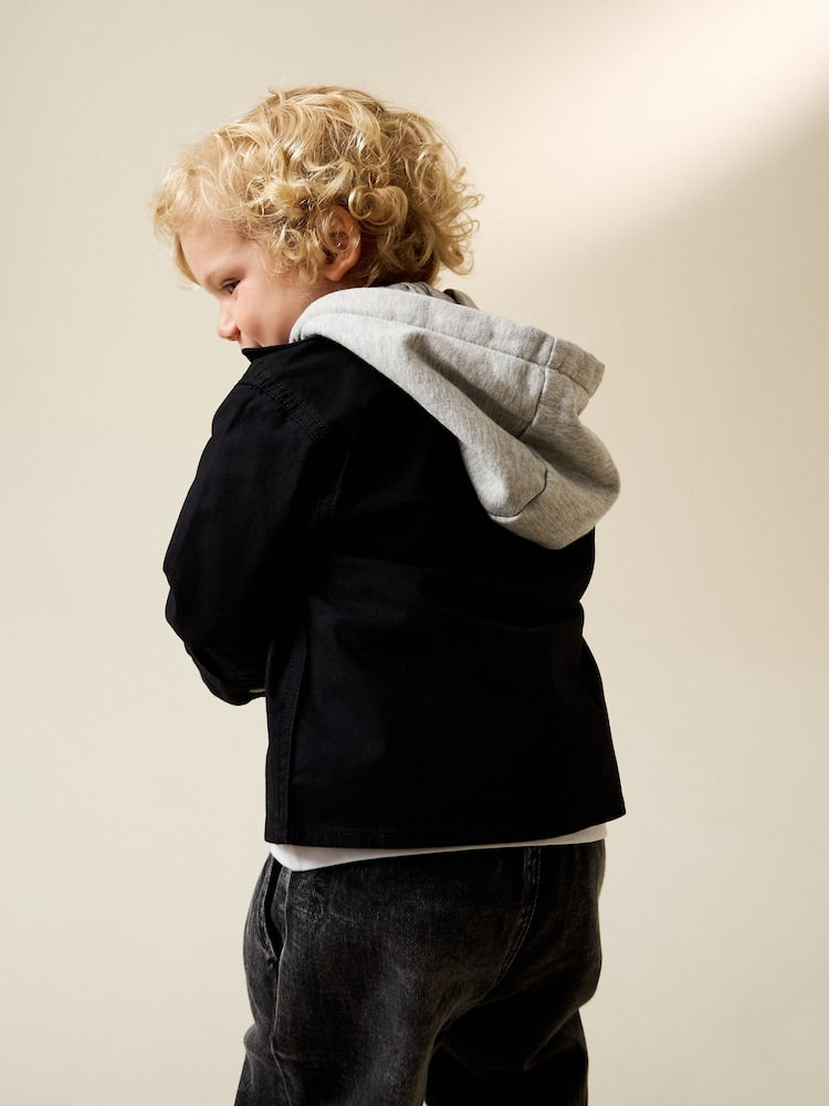 Black Ripstop Twill Hooded Overshirt and T-Shirt Set (3mths-7yrs)