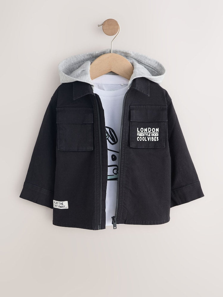 Black Ripstop Twill Hooded Overshirt and T-Shirt Set (3mths-7yrs)
