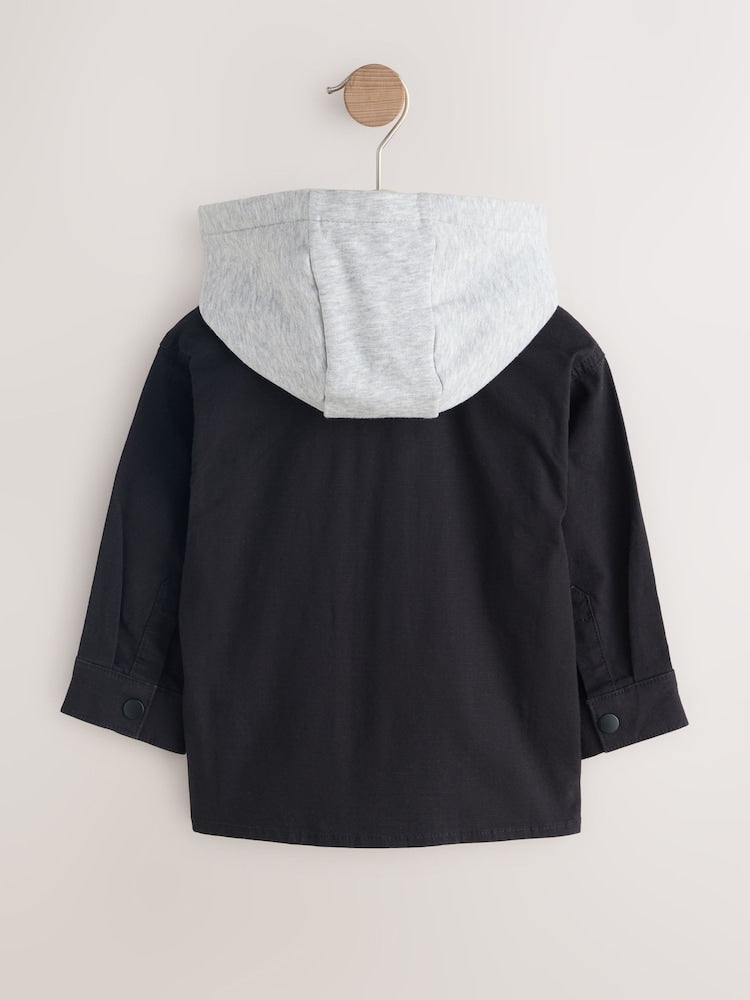 Black Ripstop Twill Hooded Overshirt and T-Shirt Set (3mths-7yrs)