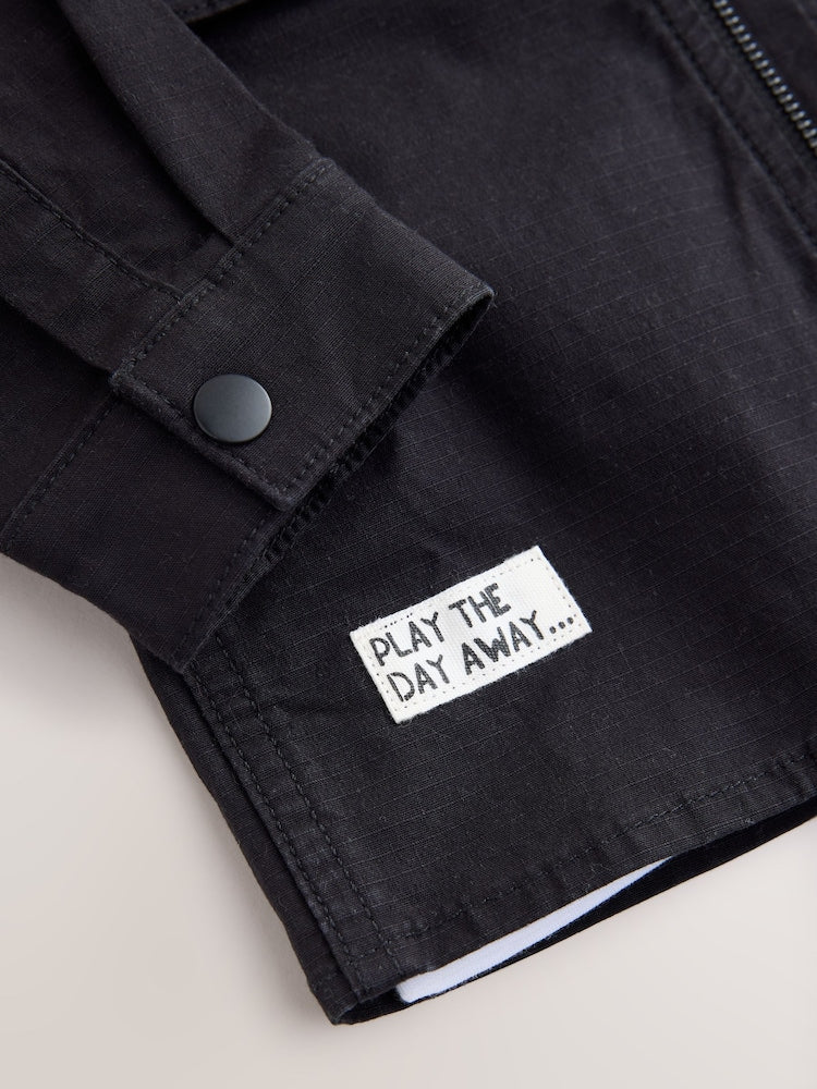 Black Ripstop Twill Hooded Overshirt and T-Shirt Set (3mths-7yrs)