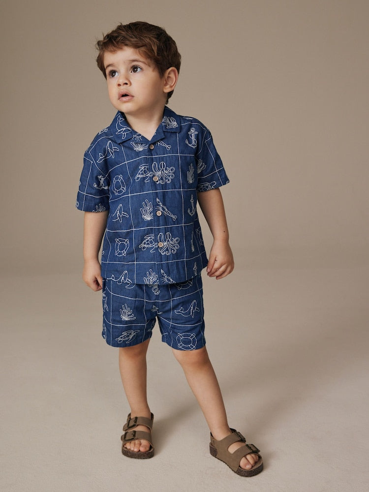 Blue Denim Sea Life Embroidery Short Sleeve Revere Collar Shirt & Shorts Set (3mths-10yrs)