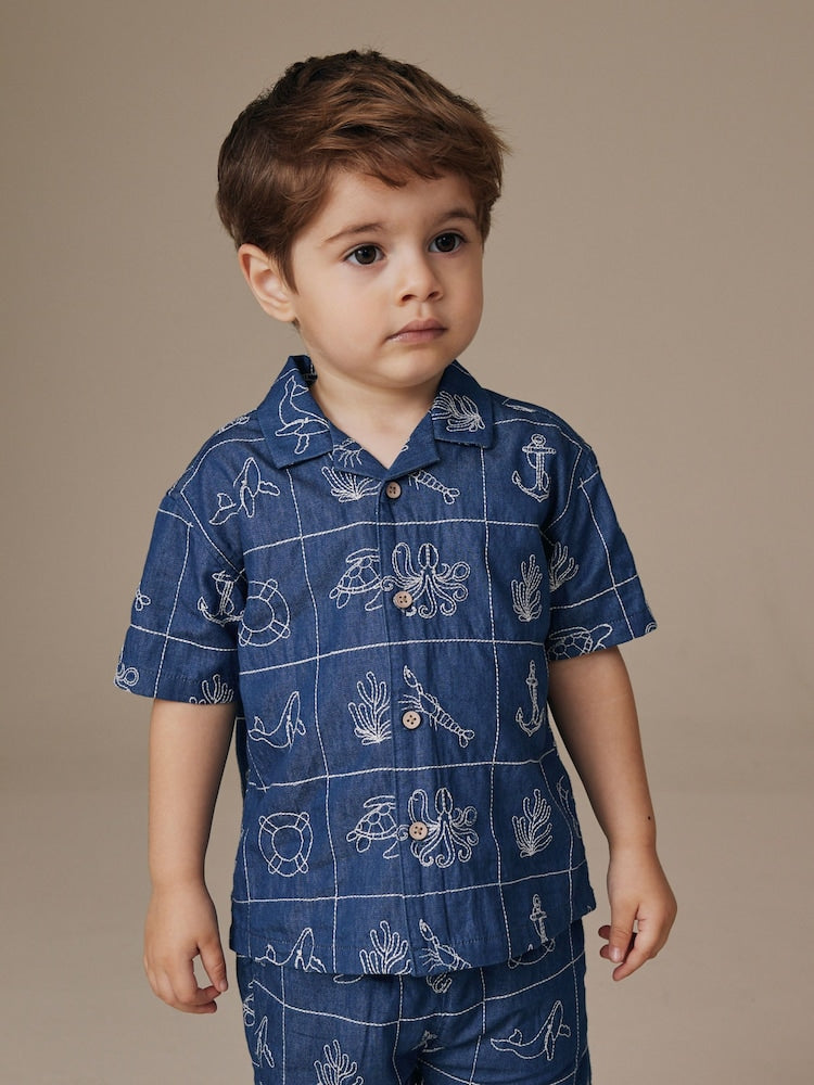Blue Denim Sea Life Embroidery Short Sleeve Revere Collar Shirt & Shorts Set (3mths-10yrs)