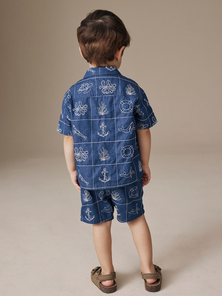 Blue Denim Sea Life Embroidery Short Sleeve Revere Collar Shirt & Shorts Set (3mths-10yrs)