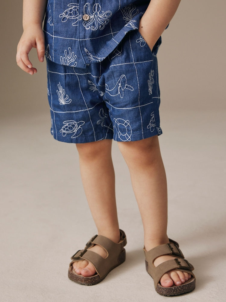 Blue Denim Sea Life Embroidery Short Sleeve Revere Collar Shirt & Shorts Set (3mths-10yrs)