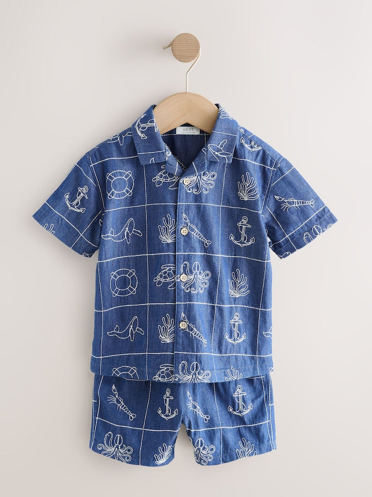 Blue Denim Sea Life Embroidery Short Sleeve Revere Collar Shirt & Shorts Set (3mths-10yrs)