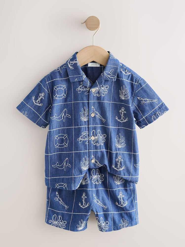 Blue Denim Sea Life Embroidery Short Sleeve Revere Collar Shirt & Shorts Set (3mths-10yrs)