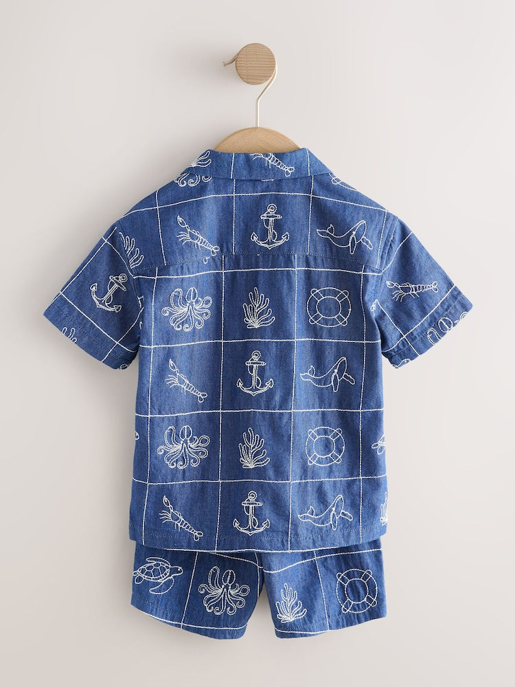 Blue Denim Sea Life Embroidery Short Sleeve Revere Collar Shirt & Shorts Set (3mths-10yrs)