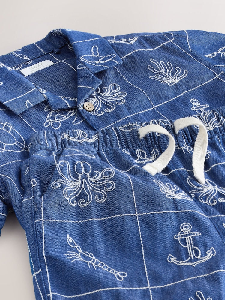 Blue Denim Sea Life Embroidery Short Sleeve Revere Collar Shirt & Shorts Set (3mths-10yrs)