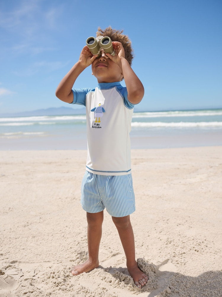 Blue/Ecru Seagull Short Sleeve Sunsafe Rash Vest and Swim Shorts Set (3mths-7yrs)